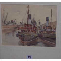 GILT FRAMED WATER COLOUR "TUGS AND CARGOBOATS MOORED AT DOCKSIDE" BY WILLIA