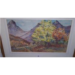 LARGE GILT FRAMED WATER COLOUR " MOUNTAIN AND WOODLAND SCENE" BY K.A.S. ART