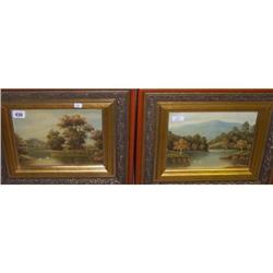 PAIR OF GILT FRAMED OILS ON BOARD  "LOCH AND WOODLAND SCENES"