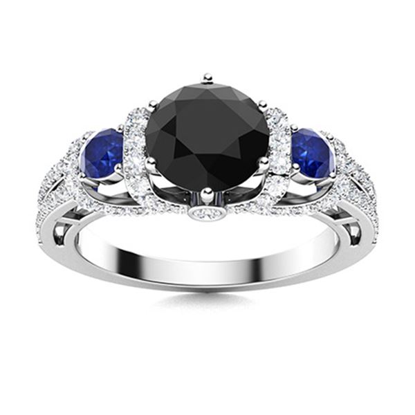 Natural 1.86 CTW Sapphire, Black & White Diamond Engagement Ring 14K White Gold