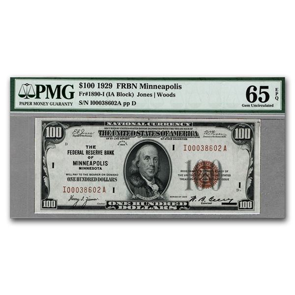 1929 (I-Minneapolis) $100 FRBN Brown Seal Gem Unc-65 EPQ PMG