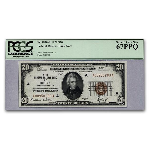 1929 (A-Boston) $20 Brown Seal FRBN CU-67 PPQ PCGS