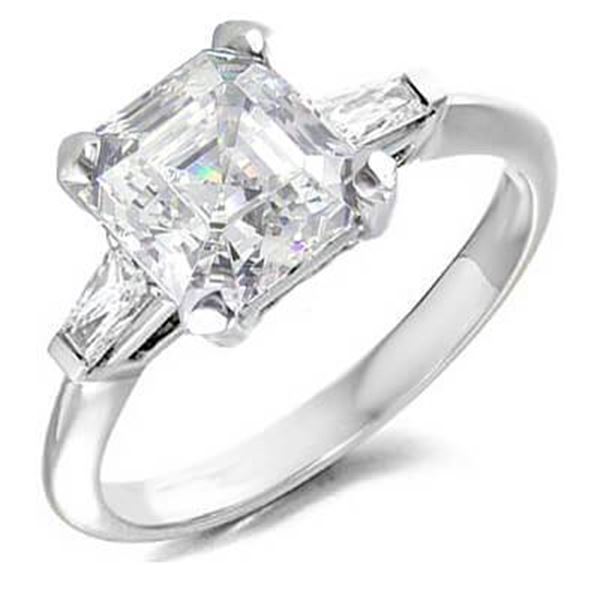 Natural 2.37 CTW Asscher Cut & Baguettes 3-Stone Diamond Ring 18KT White Gold