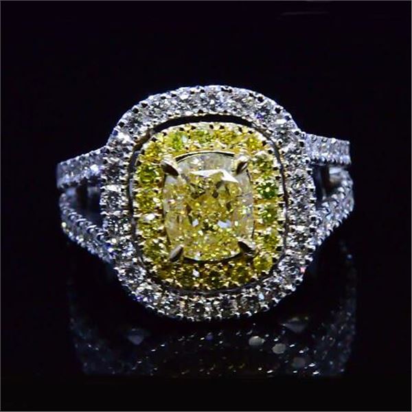 Natural 1.92 CTW Canary Yellow Double Halo Cushion Cut Diamond Ring 14KT Two-tone