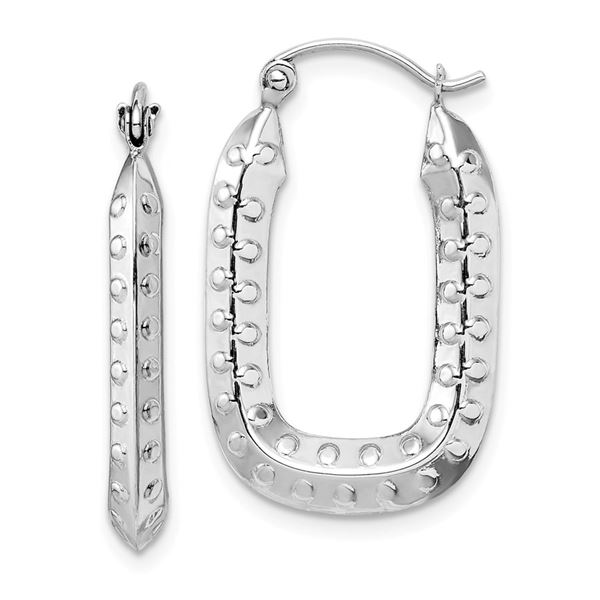 14k White Gold Polished Textured Rectangle Hoop Earrings
