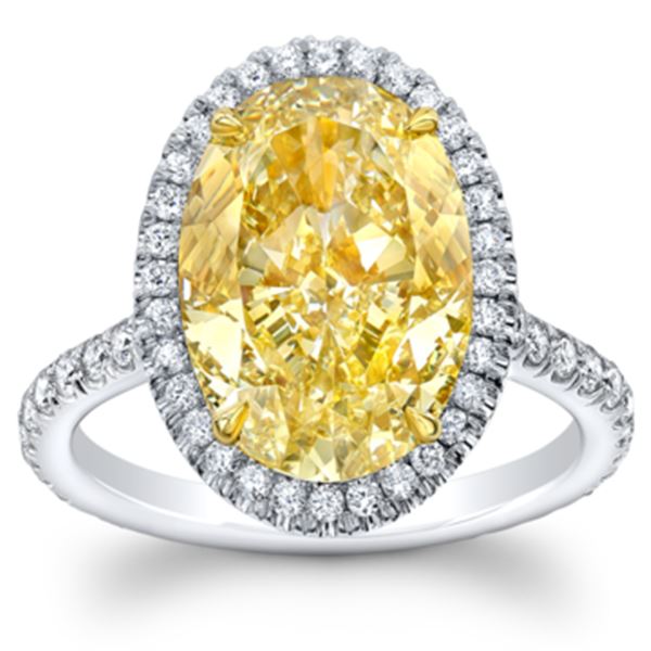 Natural 5.92 CTW Halo Canary yellow Oval Cut Diamond Ring 14KT Two-tone