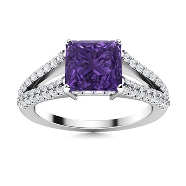 Natural 1.44 CTW Amethyst & Diamond Engagement Ring 14K White Gold