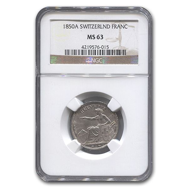 1850-A Switzerland Silver 1 Franc MS-63 NGC