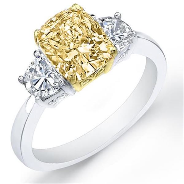 Natural 2.72 CTW Canary Yellow Cushion Cut & Half Moons Diamond Ring 18KT Two-tone