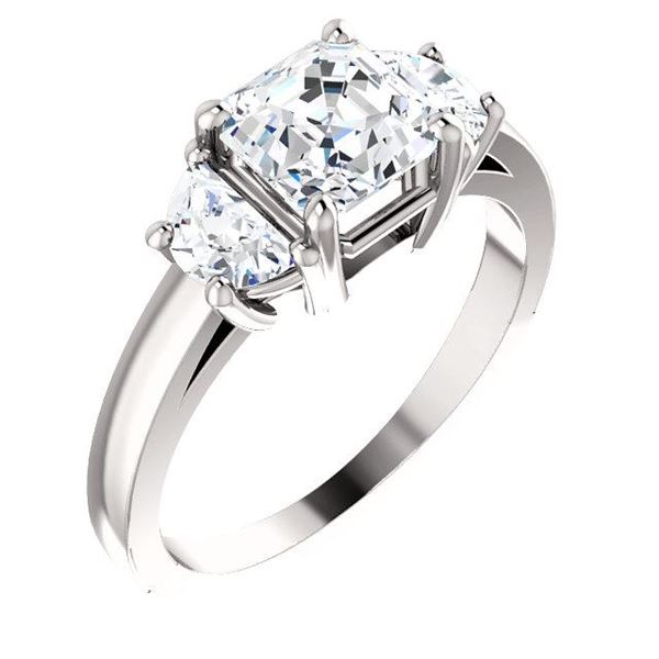 Natural 2.82 CTW Asscher Cut with Half Moons 3-Stone Diamond Ring 18KT White Gold