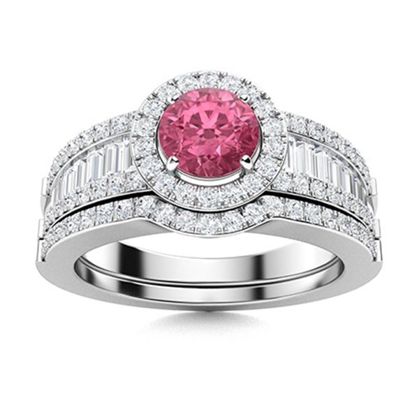 Natural 1.38 CTW Pink Sapphire & Diamond Engagement Ring 14K White Gold