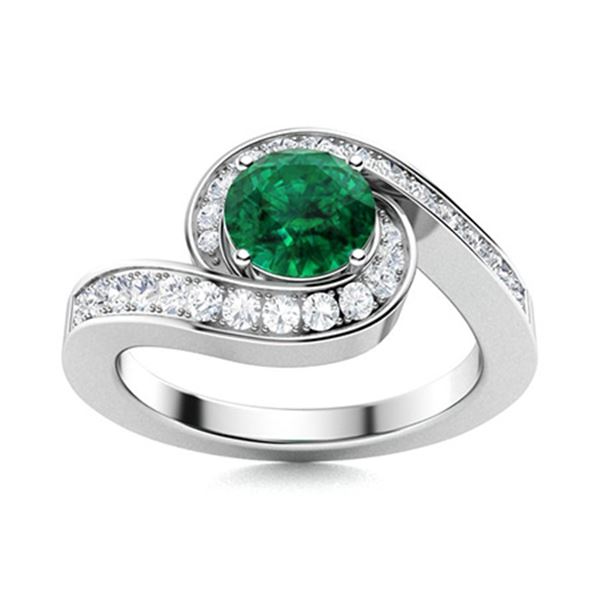 Natural 1.15 CTW Emerald & Diamond Engagement Ring 18K White Gold