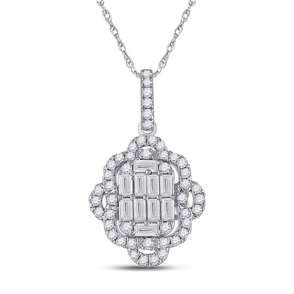 14kt White Gold Womens Baguette Diamond Quatrefoil Cluster Pendant 5/8 Cttw