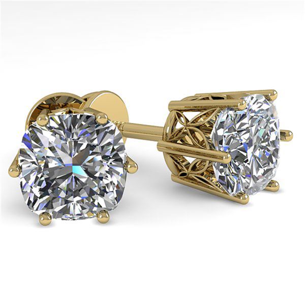 1.0 ctw VS/SI Cushion Cut Diamond Stud Earrings 18k Yellow Gold - REF-147A2N