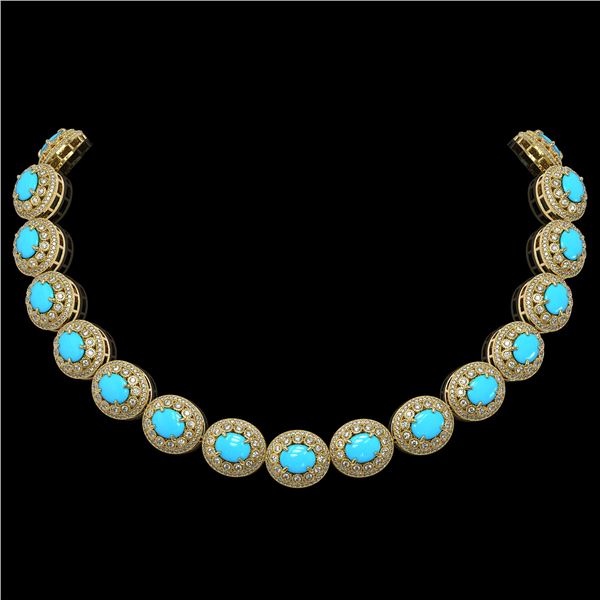 86.75 ctw Turquoise & Diamond Victorian Necklace 14K Yellow Gold - REF-2583H6R