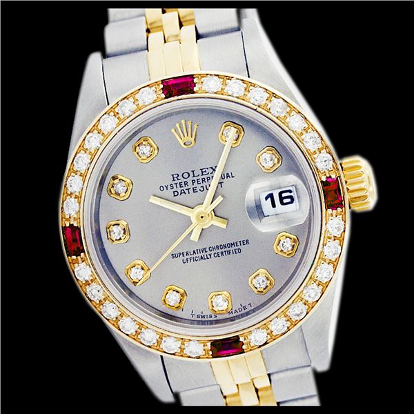 Rolex Ladies Two Tone 14K Gold/SS, Diam Dial & Diam/Ruby Bezel, Sapphire Crystal