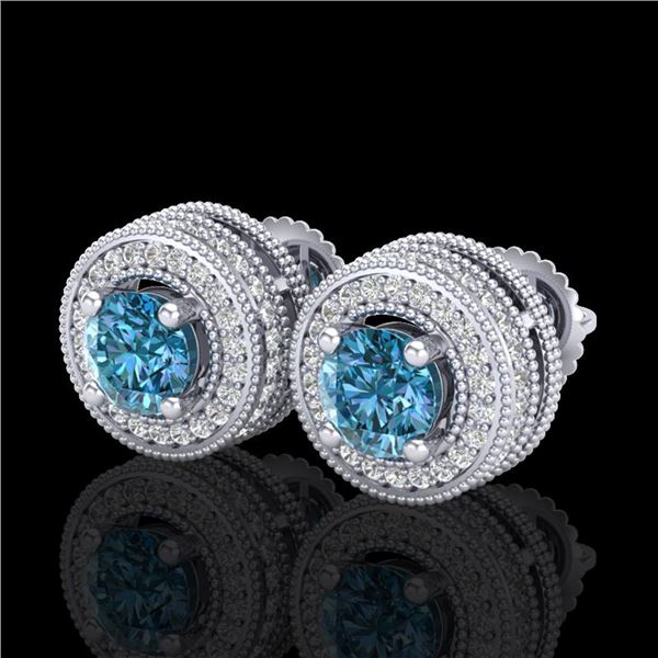 2.09 ctw Fancy Intense Blue Diamond Art Deco Earrings 18k White Gold - REF-218H2R