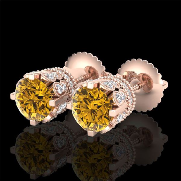 3 ctw Intense Fancy Yellow Diamond Art Deco Earrings 18k Rose Gold - REF-349Y3X