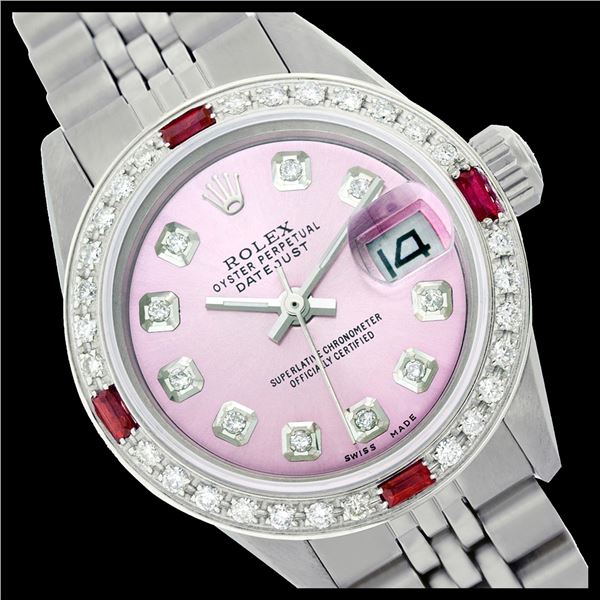 Rolex Ladies Stainless Steel, Diam Dial & Diam/Ruby Bezel, Sapphire Crystal