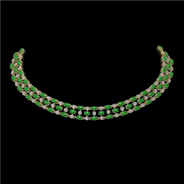 63.65 ctw Jade & Diamond Necklace 10K Yellow Gold - REF-527X3A