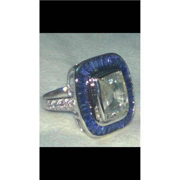 Natural White & Blue Sapphire Art Deco Gold Ring