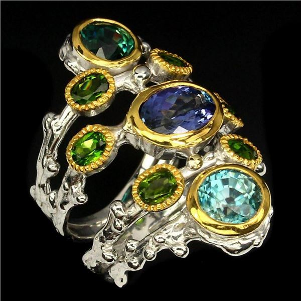 Natural Stunning Blue Tanzanite, Zircon & Diopside Ring