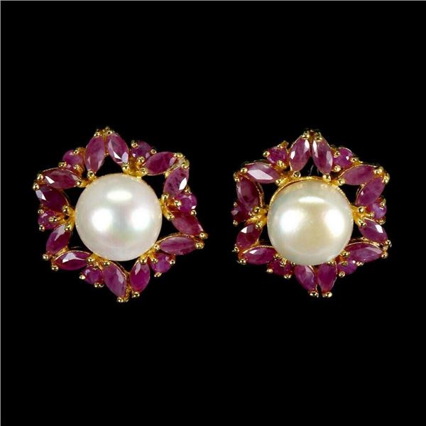 Natural Pearl & Marquise Red Ruby Earrings