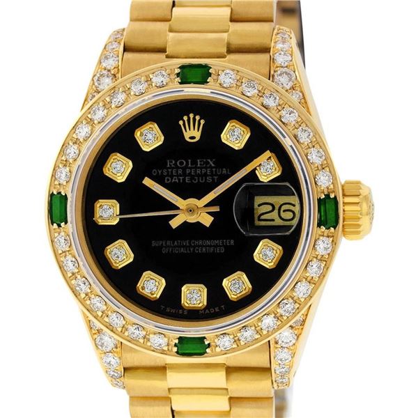 Rolex Ladies 18K Yellow Gold Black Diamond And Emerald President With Rolex Box