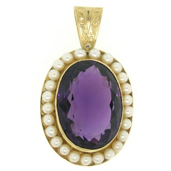 Vintage 14kt Yellow Gold Oval Amethyst and Pearl Halo Pendant