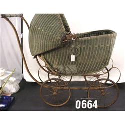 Vintage Green Wicker Baby Buggy