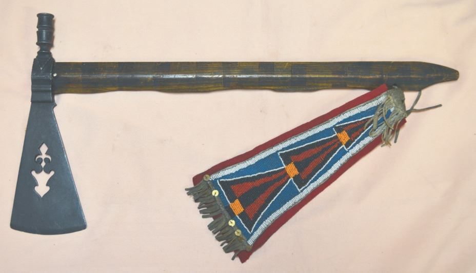 pipe hawk with Crow beaded drop 13” long