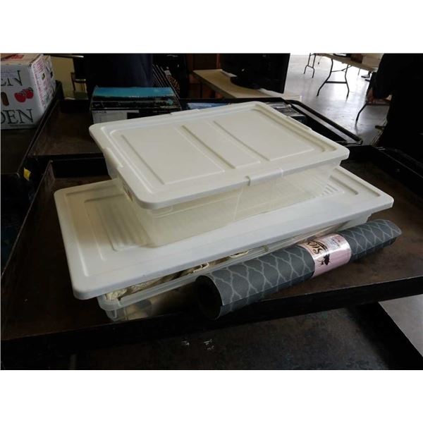 STORAGE TOTE WITH DRAPES AND NEW RUBBER BACKED FLOOR MAT