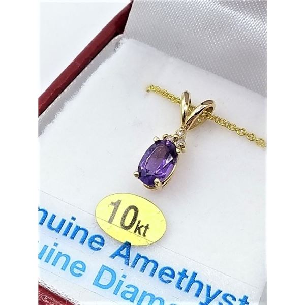 HEAVY 10KT YELLOW GOLD PENDANT SET WITH GENUINE AMETHYST AND 3 DIAMONDS W/ SILVER CHAIN W/ APPRAISAL