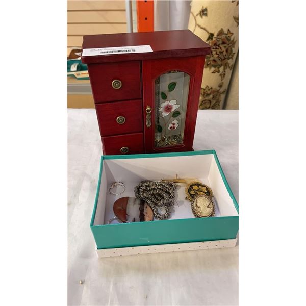 WOODEN JEWELLERY BOX AND BOX OF VARIOUS JEWELLERY