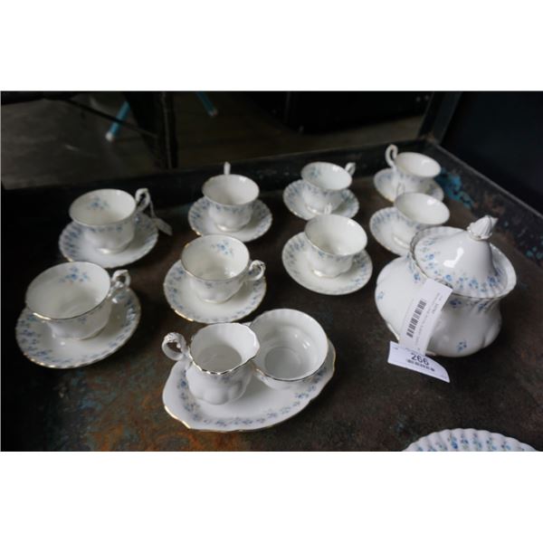 MEMORY LANE ROYAL ALBERT TEAPOT, CUPS AND SAUCERS, CREAM AND SUGAR WITH TRAY AND CAKE PLATE