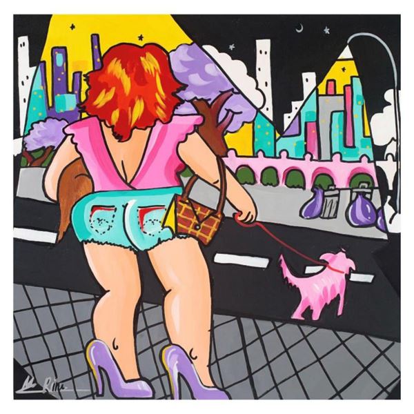 Rina Maimon, "Walking the Dog" Original Acrylic Painting on Canvas; Hand Signed and with COA