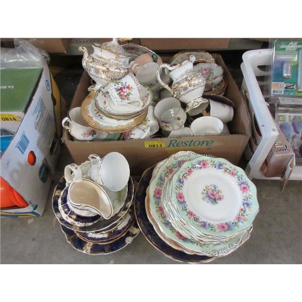 Large Box and Stack of Vintage China