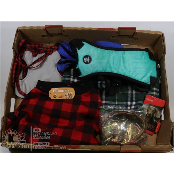 FLAT OF VARIOUS PET ITEMS, INCLUDES LEASH, HARNESS