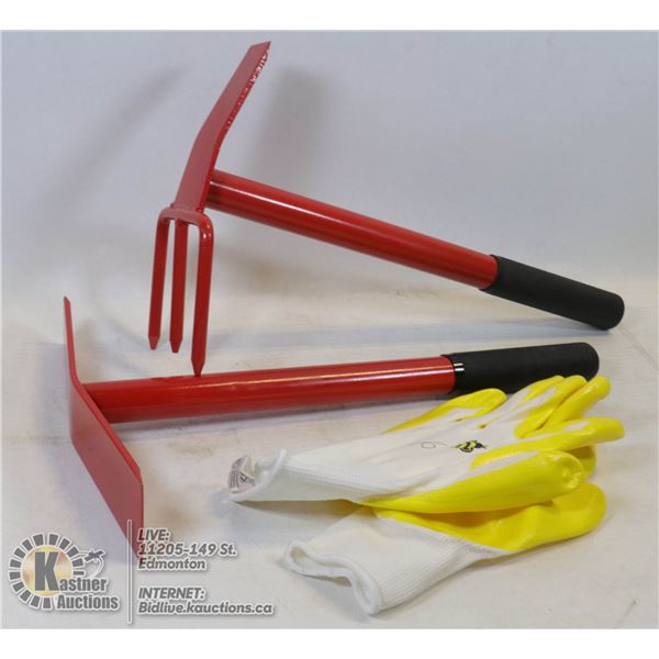 PAIR OF NEW GARDENING TOOLS WITH GLOVES SET