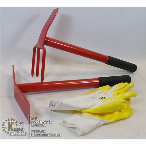 PAIR OF NEW GARDENING TOOLS WITH GLOVES SET
