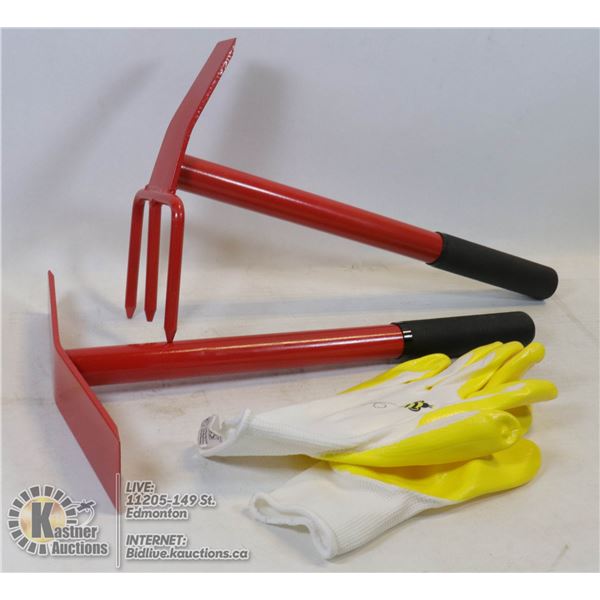PAIR OF NEW GARDENING TOOLS WITH GLOVES SET