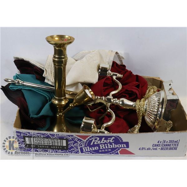 FLAT OF CANDLE STICKS NAPKINS AND NAPKIN HOLDERS