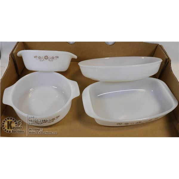 VINTAGE PYROREY CASSEROLE PANS- (4)- 8"OVAL,