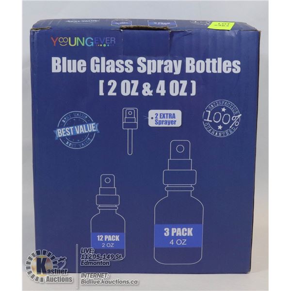 NEW BLUE GLASS SPRAY BOTTLES, 12OZ AND 4OZ