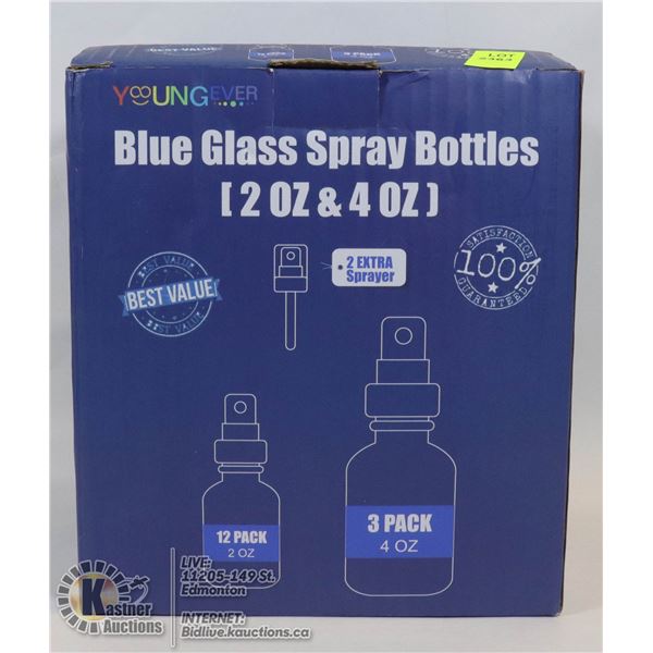 NEW BLUE GLASS SPRAY BOTTLES, 12OZ AND 4OZ