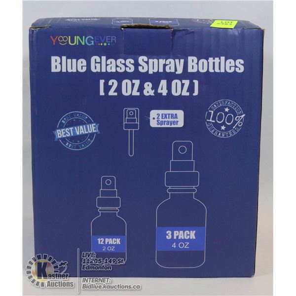 NEW BLUE GLASS SPRAY BOTTLES, 12OZ AND 4OZ