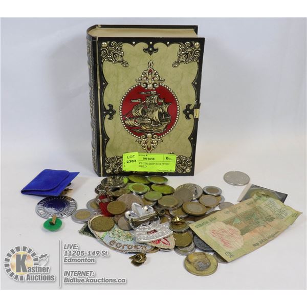 DECORATIVE TIN SHIP BOX WITH LOTS OF WORLD