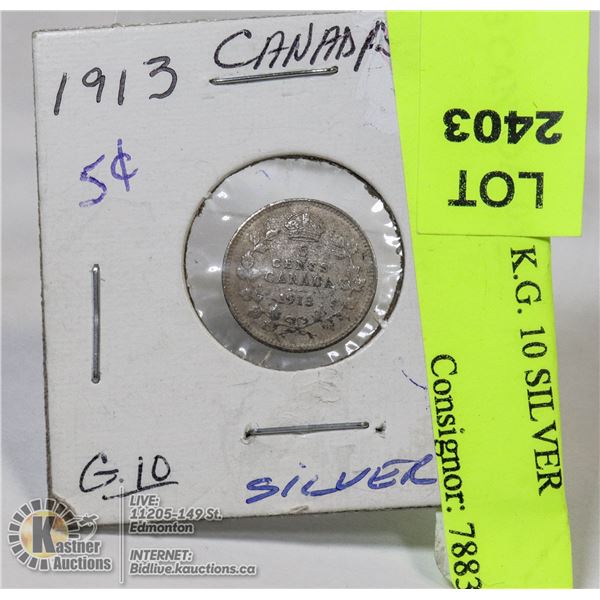 1913 CANADA .05 K.G. 10 SILVER