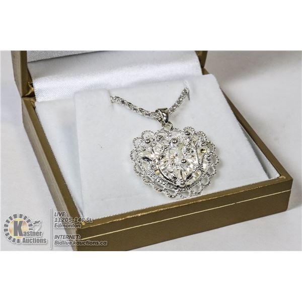 NEW LADIES 3D HEART SILVER TONE PENDANT NECKLACE