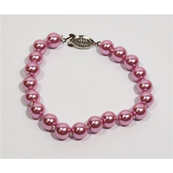 #29-DARK PINK SEA SHELL PEARL BRACELET 8mm/7.5"